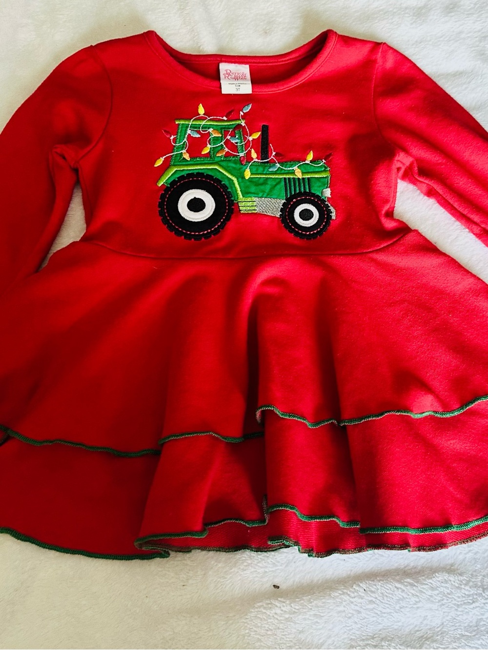 Rare Editions Red Peplum Dress with Green Tractor Applique